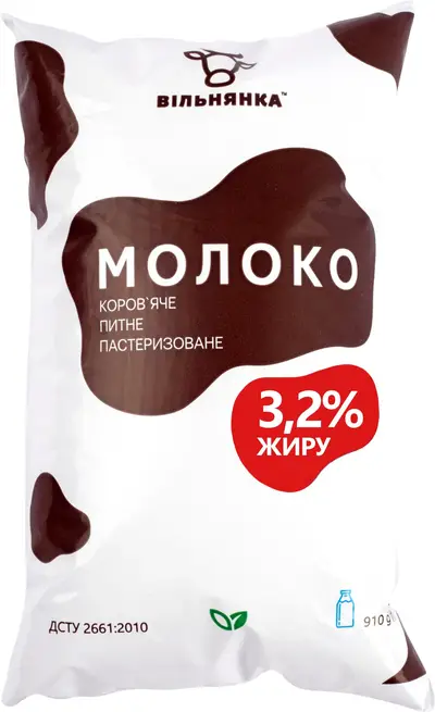 Молоко коров’яче питне пастеризоване 3,2 % жиру 910г ТМ «Вільнянка»