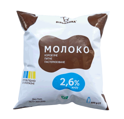 Молоко коров’яче питне пастеризоване 2,6% жиру 500г ТМ «Вільнянка»